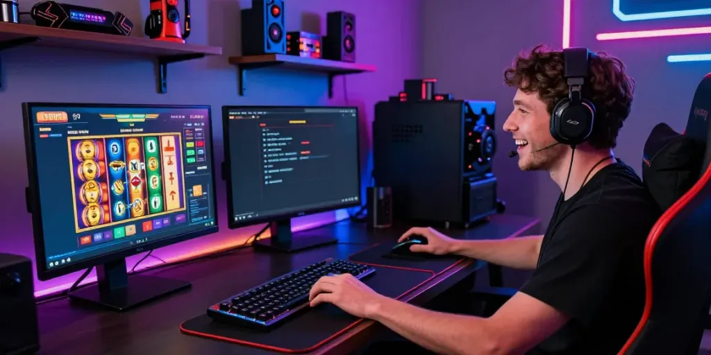 Excited player engaging with slot games in a vibrant online gaming setup.