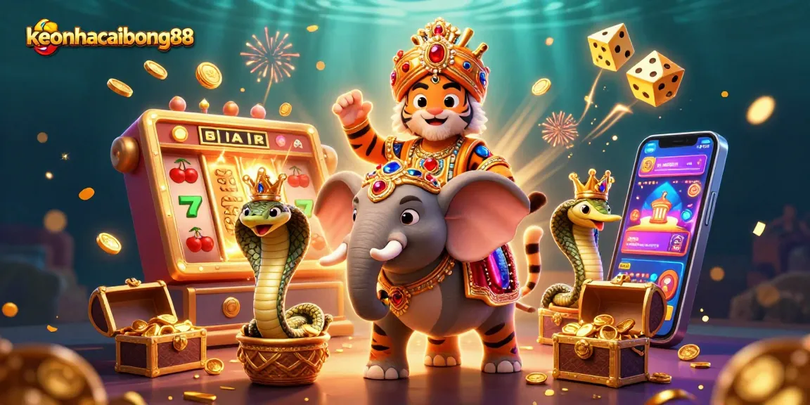 Experience keonhacaibong88 as a vibrant 3D casino scene filled with slots and gold treasures.