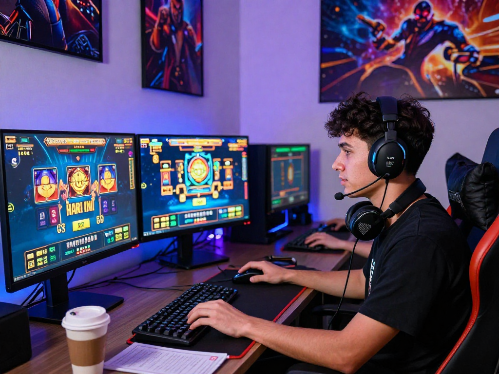 Player enjoying slot gacor hari ini at a modern gaming desk with multiple monitors and vibrant graphics.