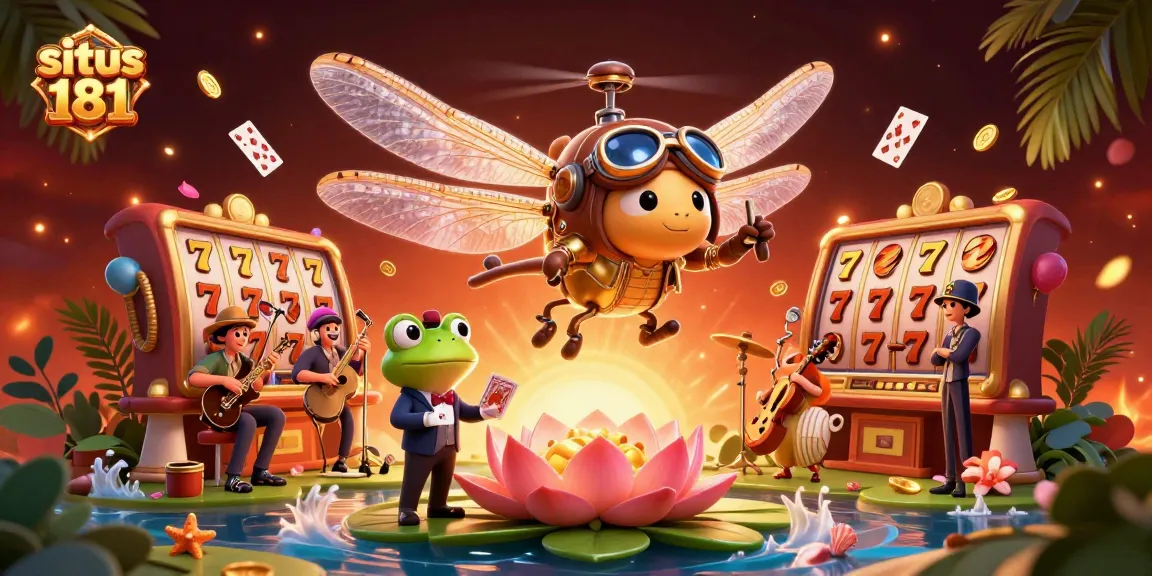 Situs 181 features an animated dragonfly pilot and frog croupier in a vibrant casino setting.