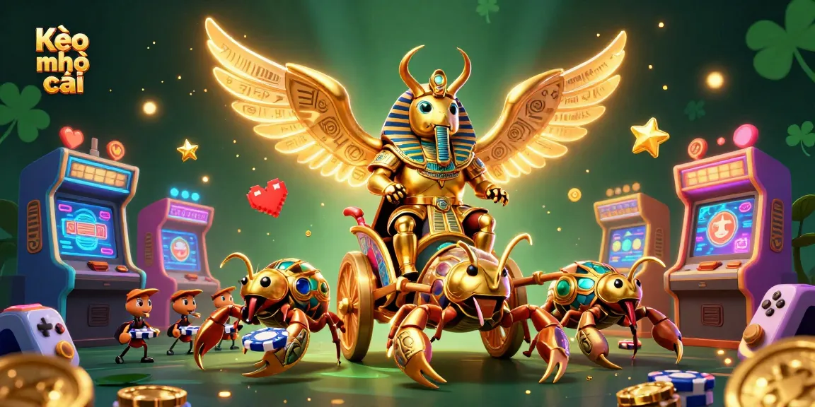 Kèo nhà cái showcases a vibrant 3D illustration of a powerful gaming scene with a golden scarab and scorpions.