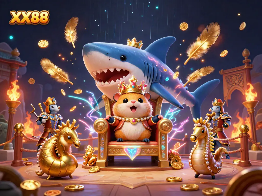Experience the vibrant XX88 gaming world with a golden hamster king on a shark throne amidst casino elements.