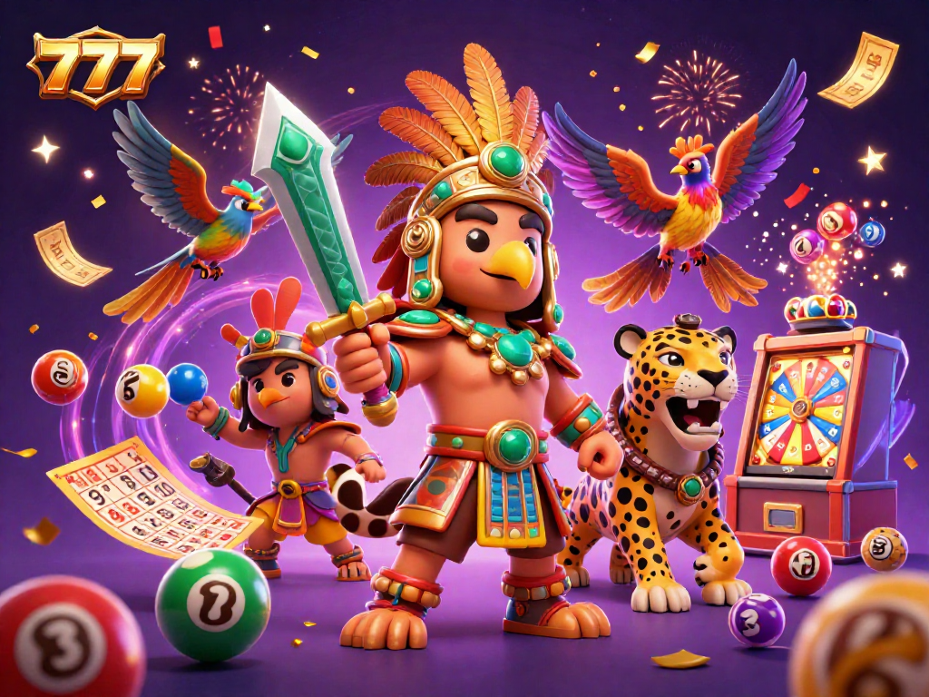 Experience thrilling action with 777 in a vibrant Aztec casino scene featuring dynamic lottery elements.