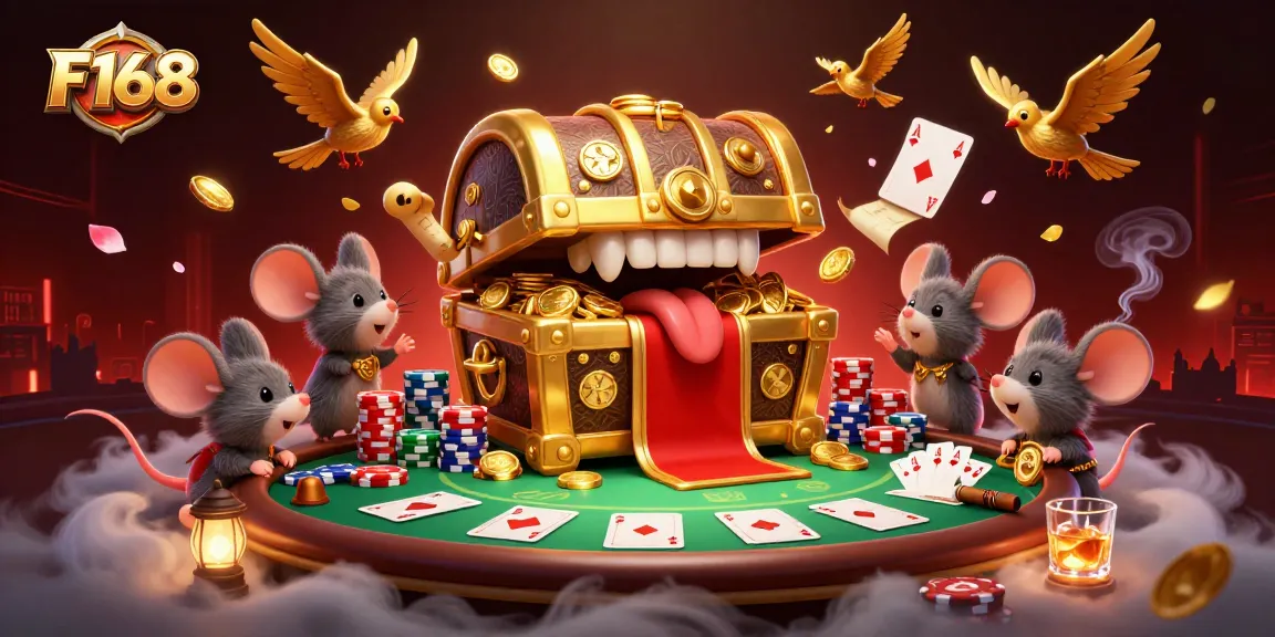 F168 enthusiasts enjoying a vibrant poker scene filled with dynamic elements and lucky treasures.