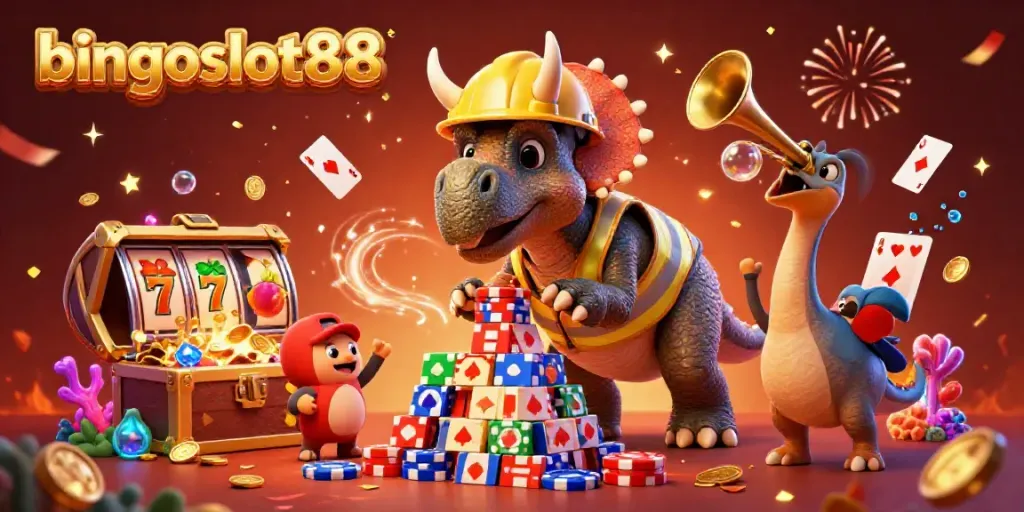 Merayakan momen bingoslot88 dengan karakter ceria dan simbol slot yang mencolok.