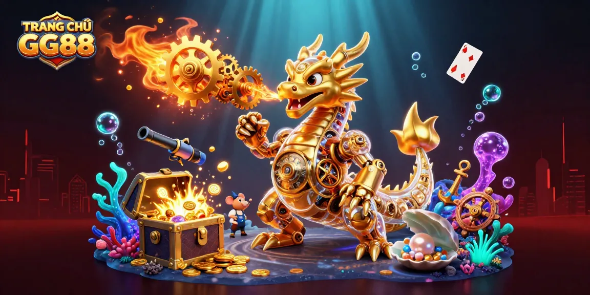 Engage in TRANG CHỦ GG88 with a vibrant underwater casino scene filled with gold treasures and playful elements.