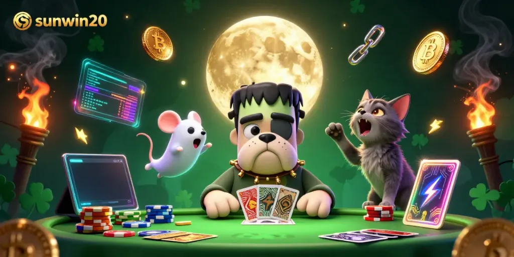 Experience the excitement of sunwin20 with a vibrant gaming scene showcasing cartoon characters dealing cards and floating chips.