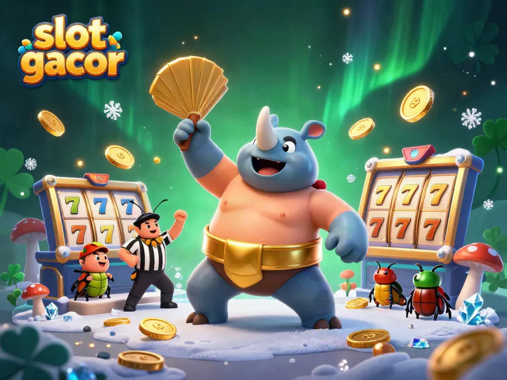 Engaging scene of a slot gacor competition featuring unique beetle characters, showcasing excitement and jackpot thrills.