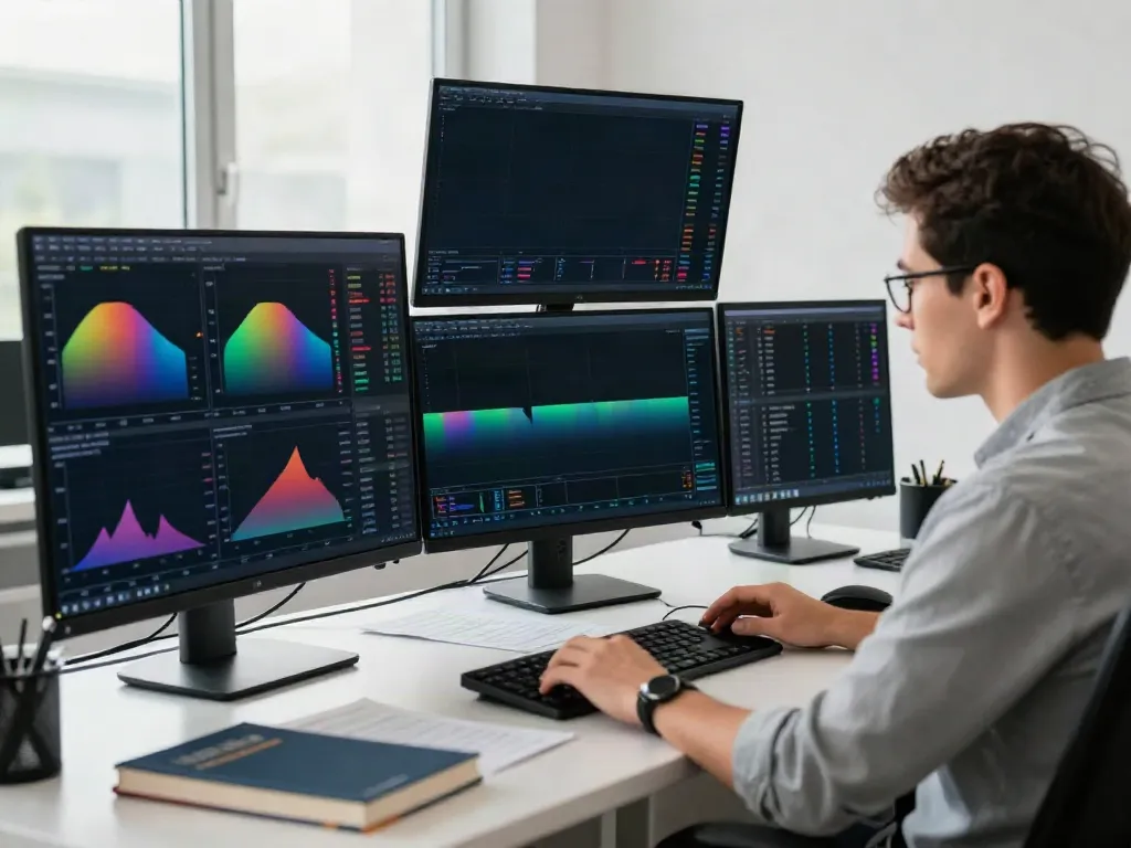 Trader analyzing MetaTrader 5 charts on a modern workstation.