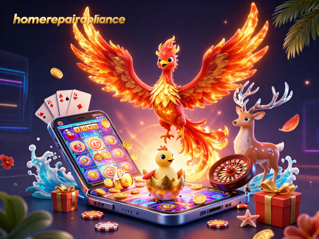 Play exciting games with homerepairappliance featuring a vibrant phoenix scene, dynamic slot games, and golden coins!