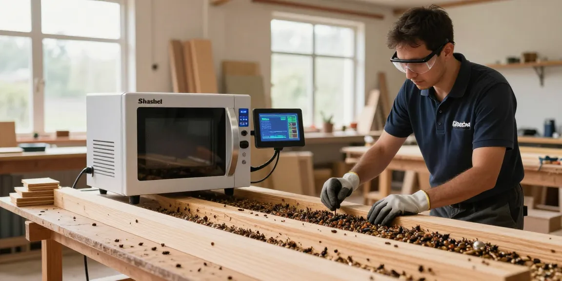 Shashel technician using microwave technology for quick wood pest elimination in a bright workshop.