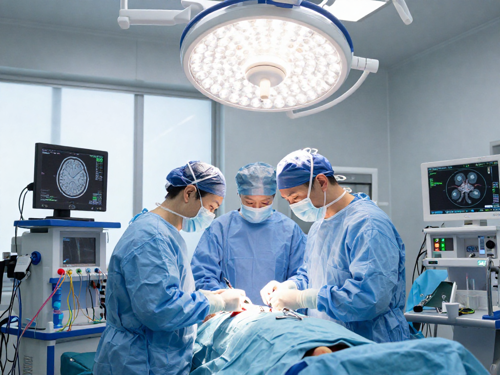 Beyin tümörü ameliyatı in action, showcasing skilled surgeons and advanced techniques in a bright surgical environment.