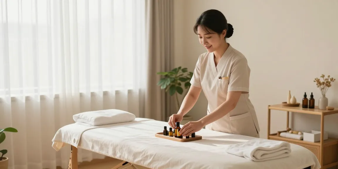 High-quality scene of 고양출장마사지 preparation with a Korean massage therapist in a tranquil setting.
