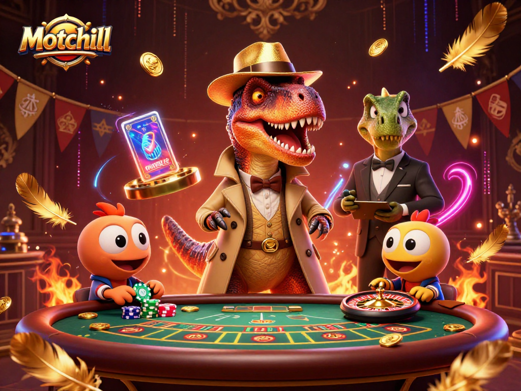 Motchill showcases a velociraptor card counter and stegosaurus pit boss at a lively blackjack table, creating a dynamic gambling scene.