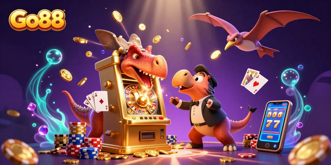 Go88 casino features a dinosaur-themed jackpot scene with coins and colorful game elements.