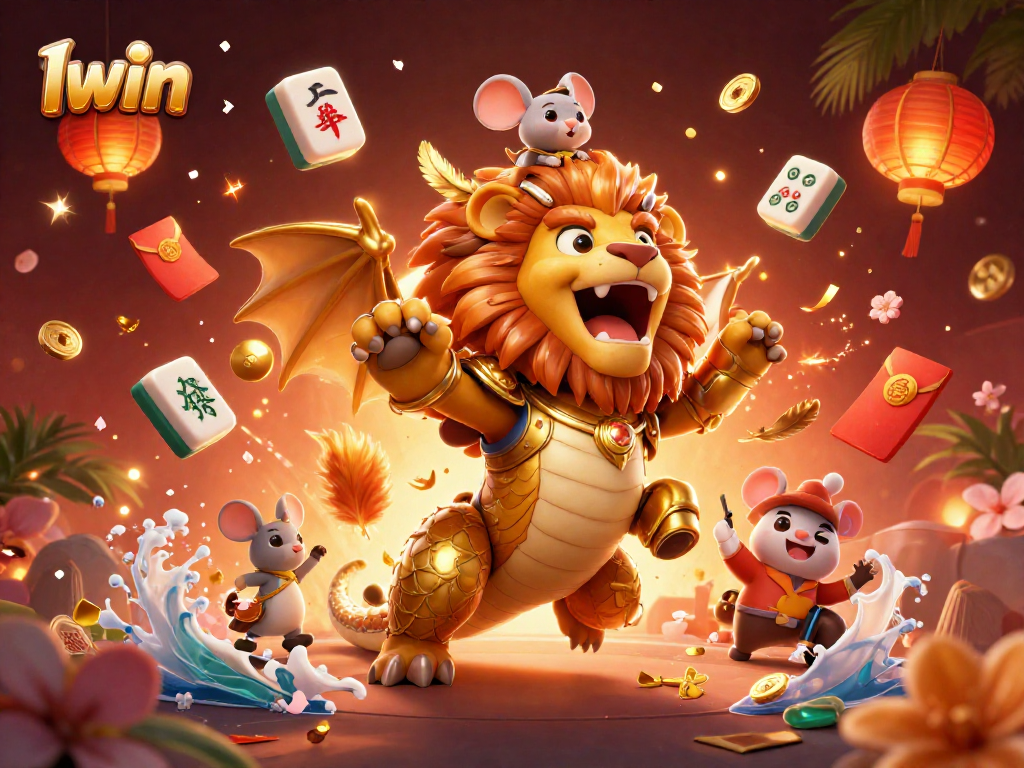 Iwin showcases a majestic 3D chimera at an Asian casino with vibrant gaming elements.