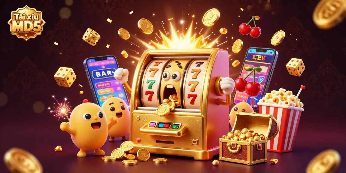 Tải xỉu MD5 jackpot illustration with golden slot machine, coins exploding, colorful casino theme.