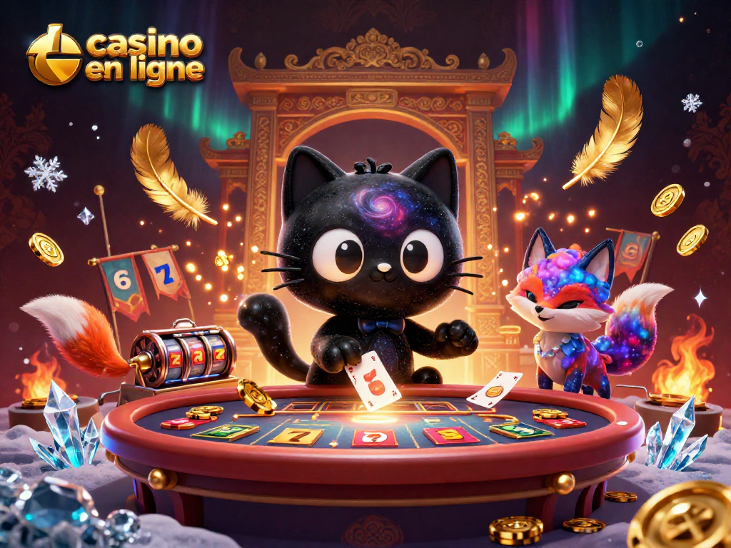 Jouer au casino en ligne avec un chat trou noir et un renard nébuleux. Ambiance festive et dynamique.