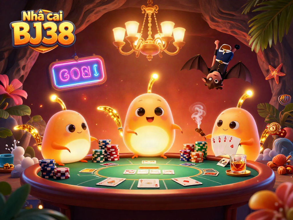Engage with Nhà cái BJ38 at a vibrant cave casino illuminated by glowing characters and dynamic game elements.