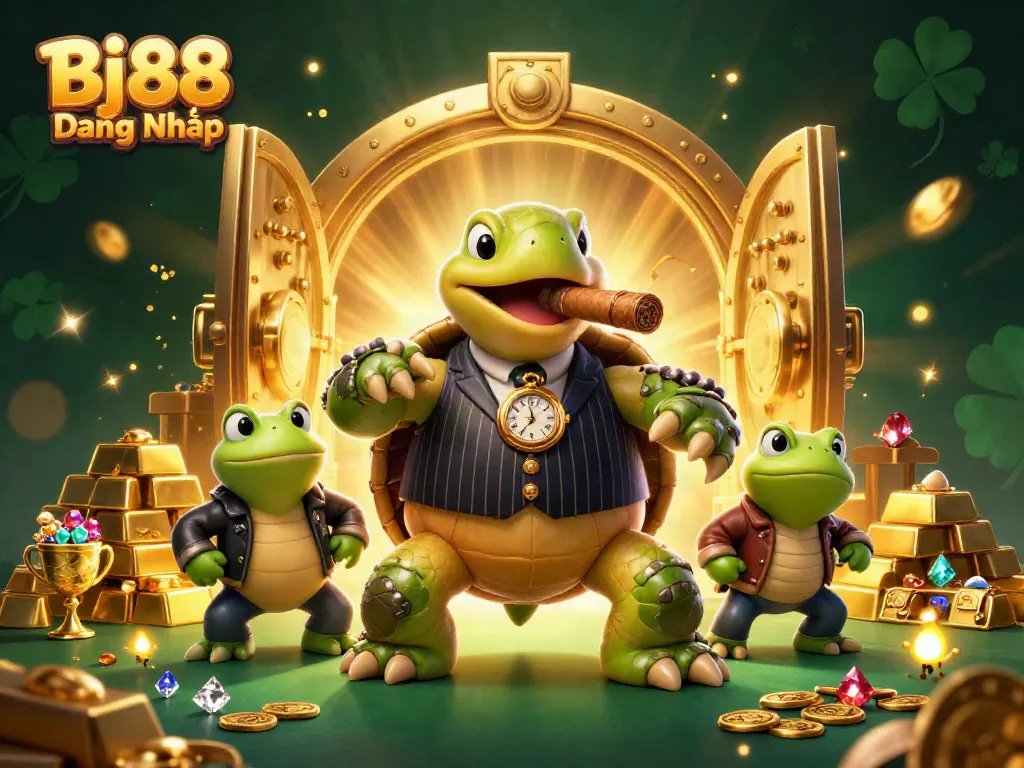 Bj88 Đăng Nhập in action with a vibrant 3D casino scene featuring a cartoon turtle and bullfrog enforcers.