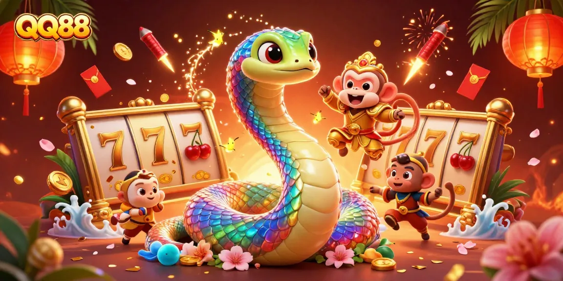 Experience thrill at QQ88 with the rainbow serpent and monkey king illustration symbolizing exciting casino adventures.