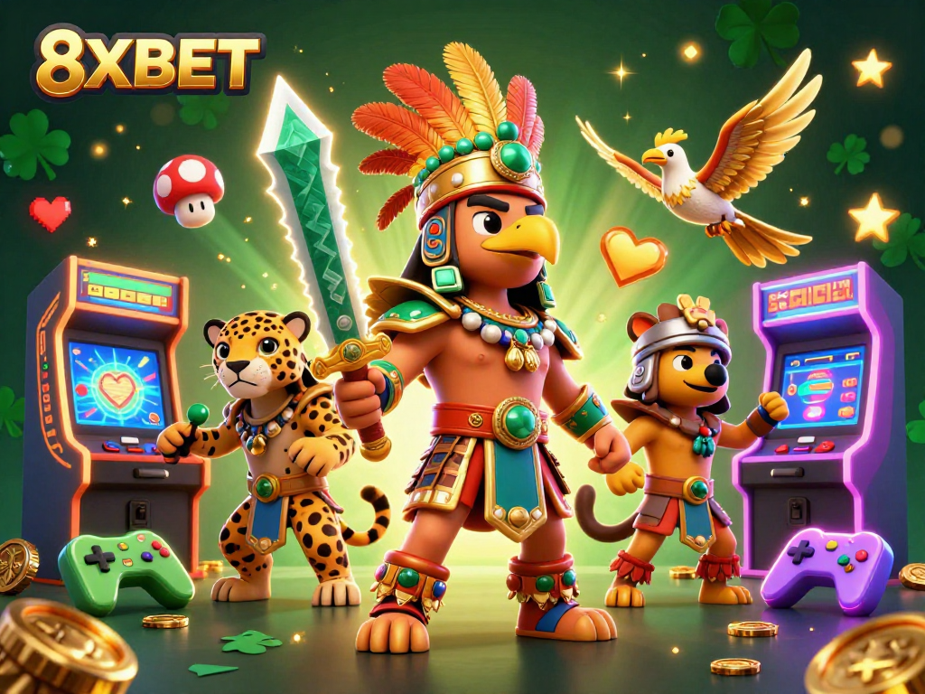 Experience the thrill of 8XBET with vibrant gaming scenes featuring Aztec warriors and arcade elements.