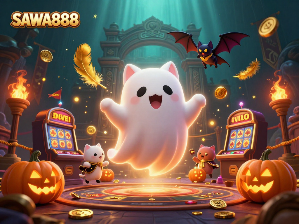 Experience thrilling gameplay at SAWA888 with a friendly ghost cat and glowing jack-o-lanterns in a dynamic casino setting.