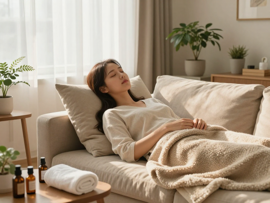 Relaxing after 인계동출장마사지 in a cozy living room with soothing ambiance.