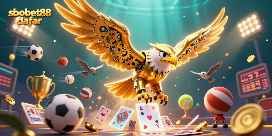 Explore sbobet88 daftar with a dynamic scene of sports betting and golden eagle action.