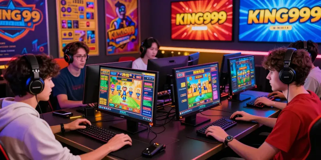 Players enjoying KING999 slot games with vibrant graphics and promotions