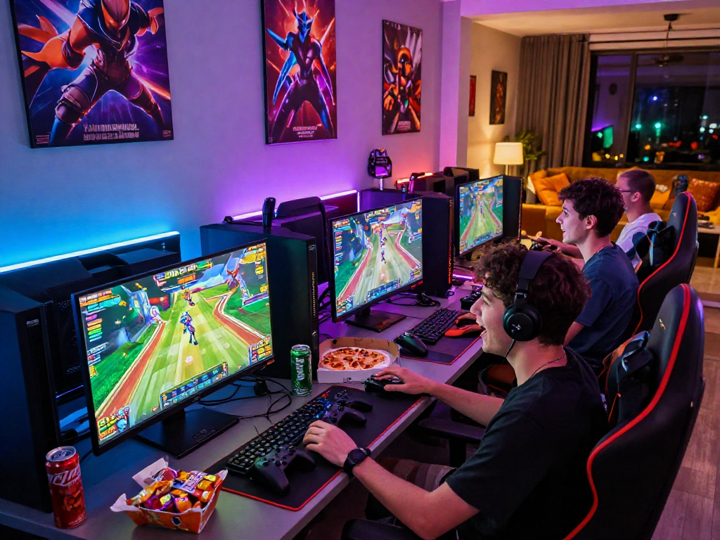Friends enjoying a lively gaming night, focusing on a slot gacor game with colorful graphics and snacks on the table.