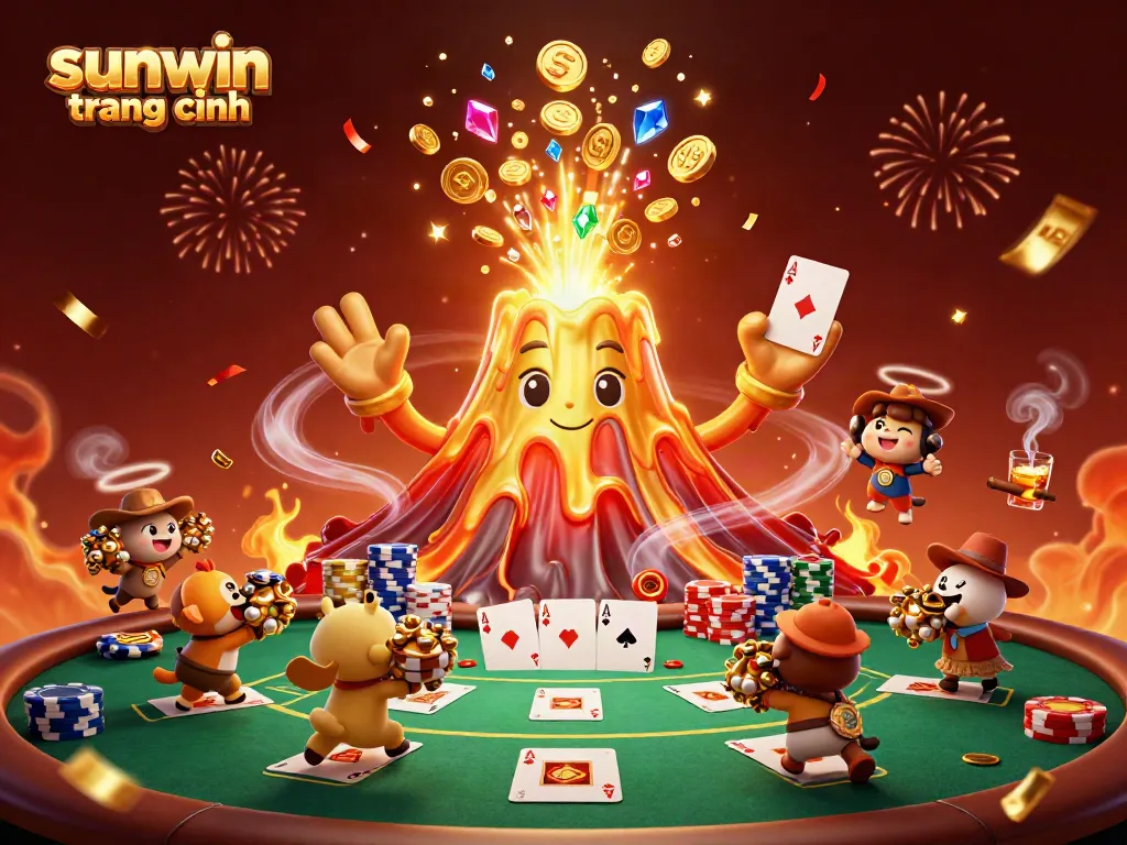 Experience excitement at sunwin trang chính with a golden volcano bursting treasure amidst poker excitement.