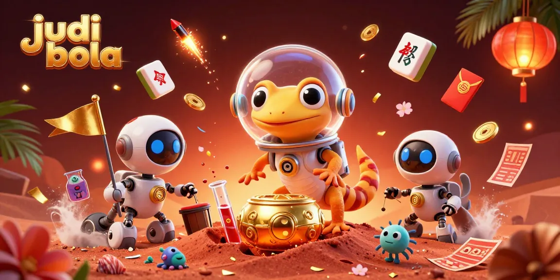 Engage in judi bola betting with a Martian gecko exploring a golden casino under Mars.