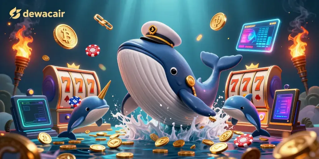 Experience exciting slot games with dewacair as a cartoon whale breaches through coins surrounded by vibrant casino elements.