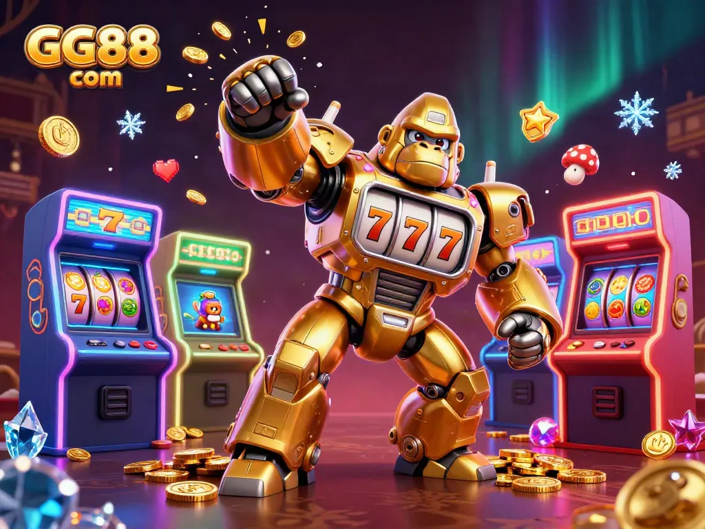 Experience the thrilling world of GG88 com with a dynamic 3D scene featuring a golden gorilla mech and arcade games.