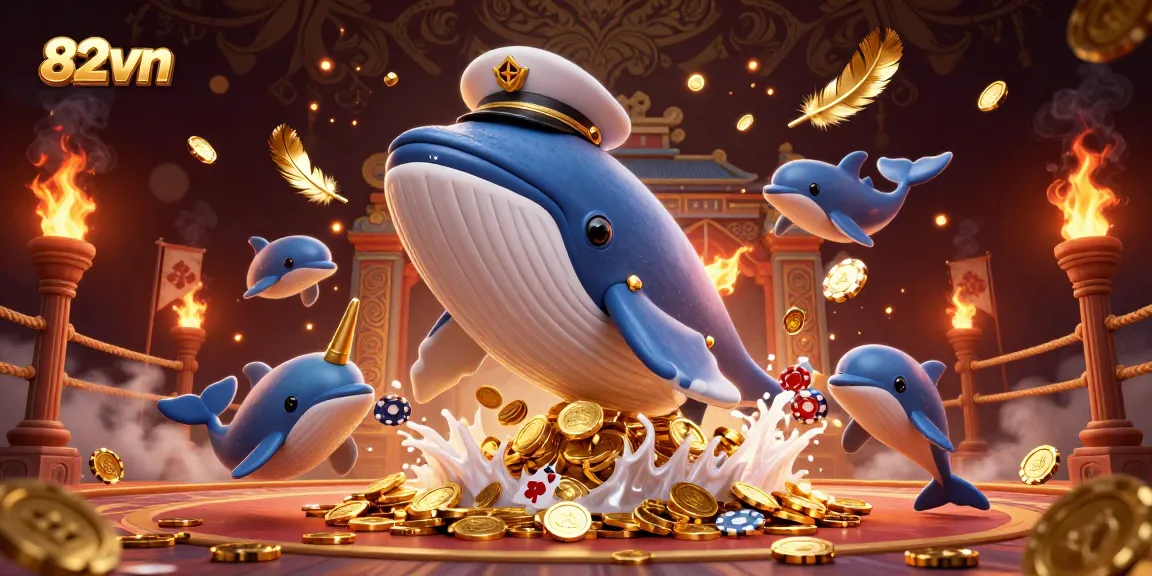 Join the fun at 82vn with a whimsical scene featuring a cartoon whale and dolphins amidst coins and poker chips.