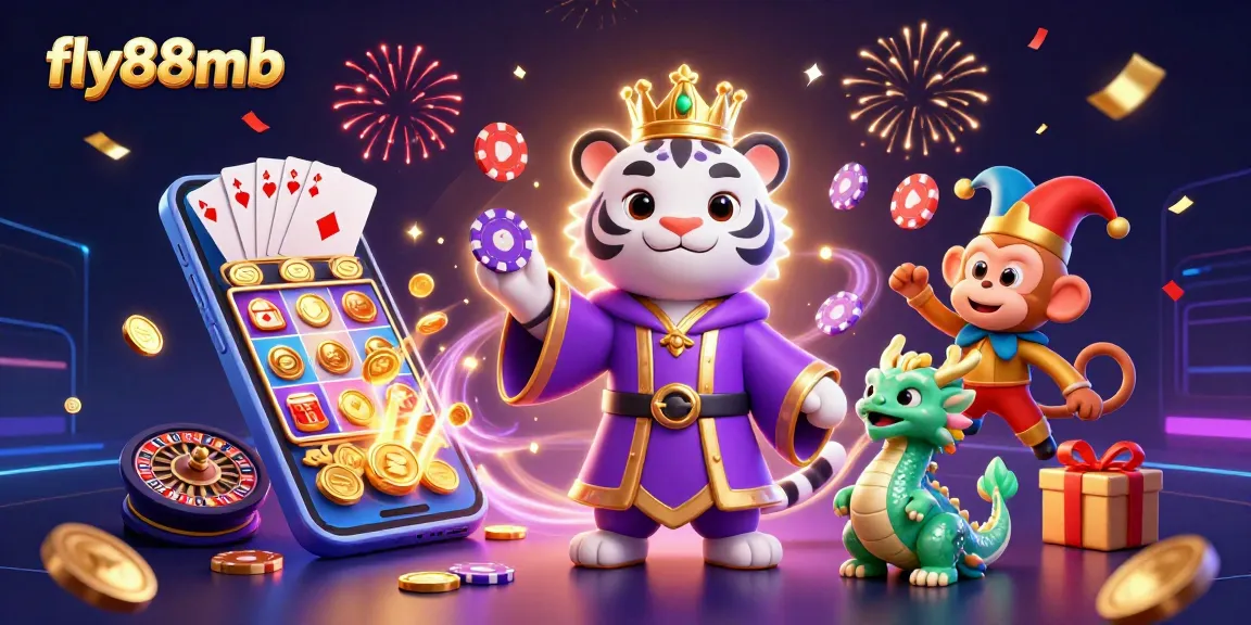 Engage with fly88mb's dynamic gaming world featuring a tiger, monkey, and dragon in an animated casino scene.
