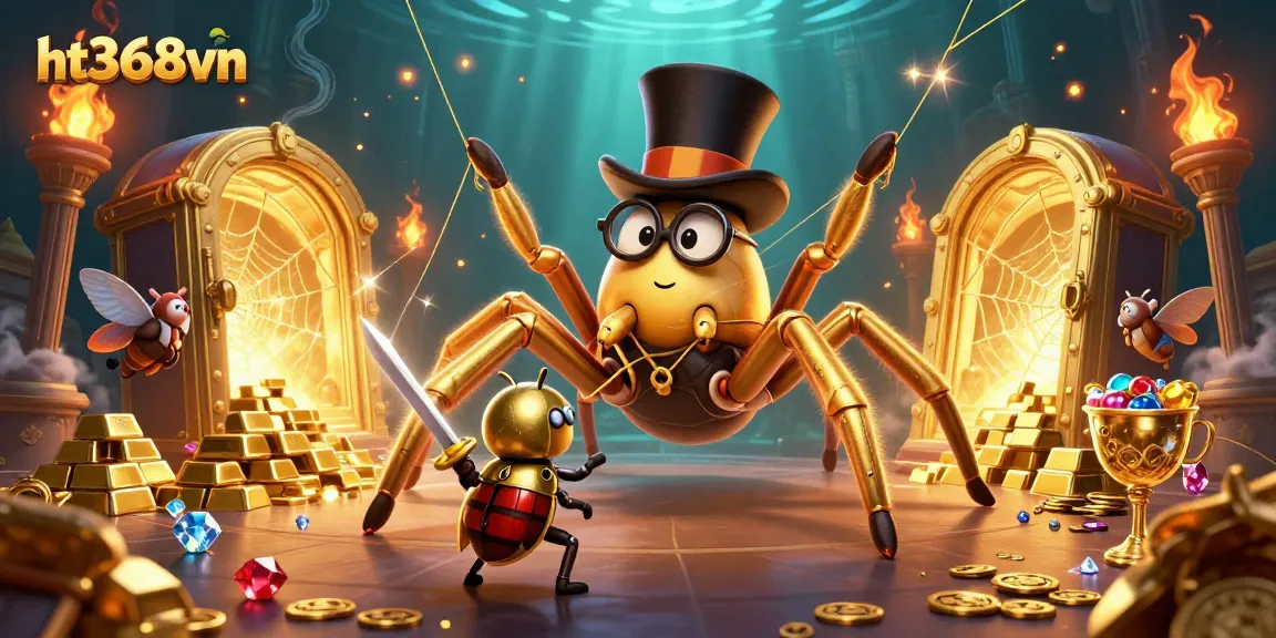 Engage with ht368vn's vibrant casino universe featuring a golden tarantula and beetle knight surrounded by treasures.
