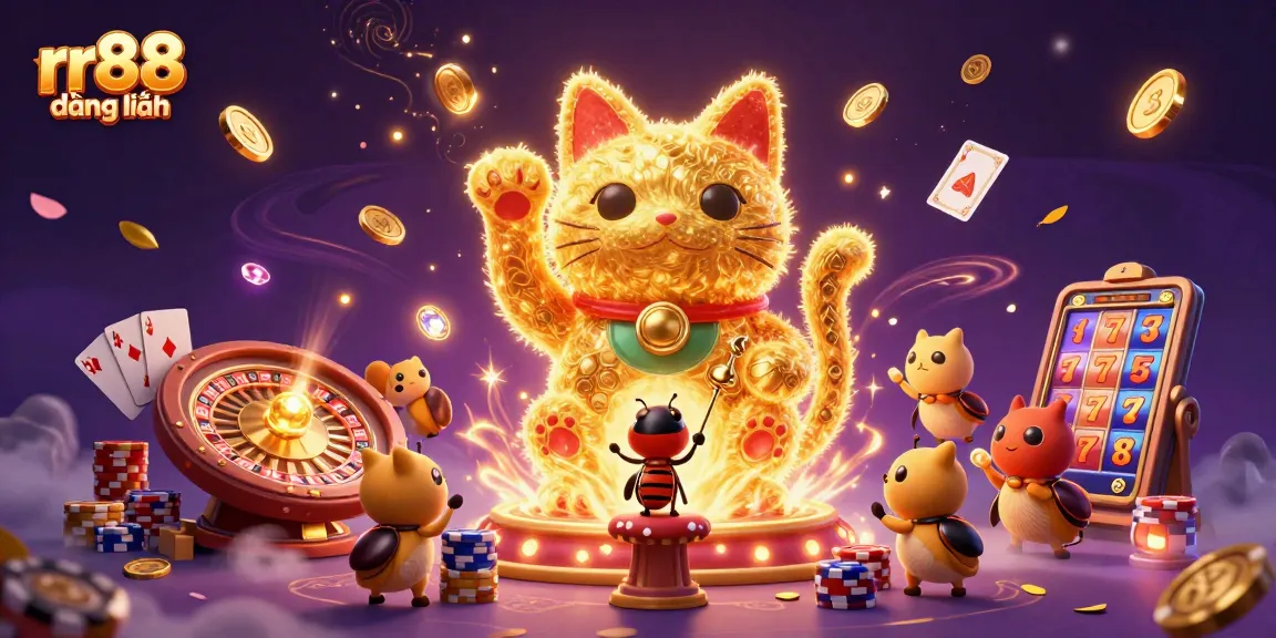 Experience the excitement of rr88 đăng nhập with a vibrant, engaging 3D casino illustration showcasing golden fireflies and dynamic elements.