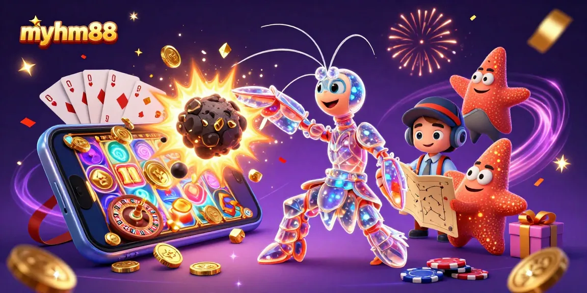 Experience thrilling gameplay with myhm88 as a gleaming mantis shrimp battles through gold coins and slot games.