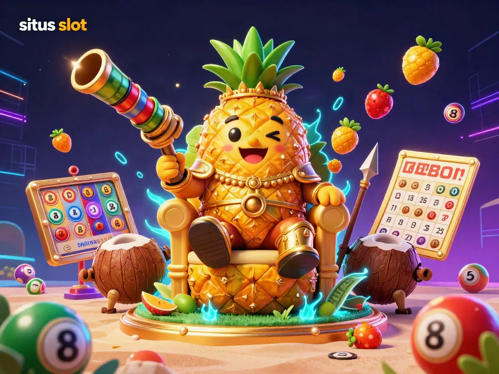 Experience the thrill at situs slot with a vibrant scene of a pineapple king and dynamic slot elements in a casino.