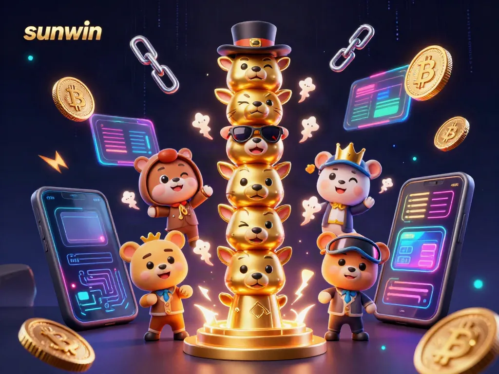 Experience the dazzling party atmosphere with sunwin's vibrant 3D casino scene featuring animated totem elements and crypto coins.