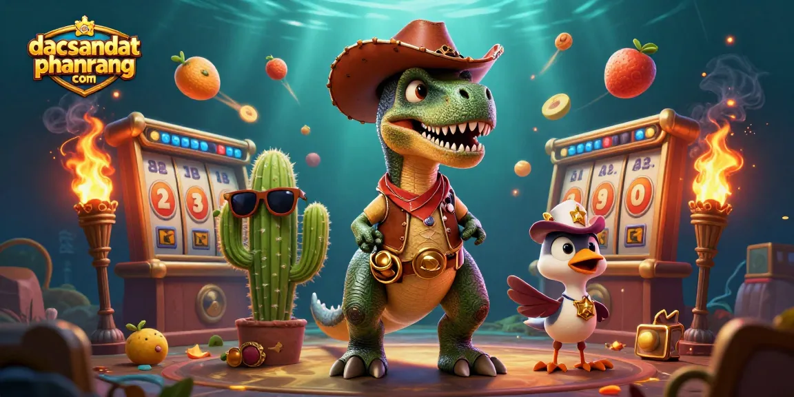 Engage in thrilling gameplay at dacsandatphanrang com with iconic slot reels featuring a cartoon T-Rex and vibrant game elements.