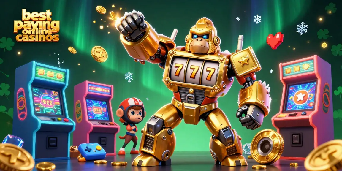 Experience the thrill of the best paying online casinos with a dynamic 3D illustration of a golden gorilla mech.