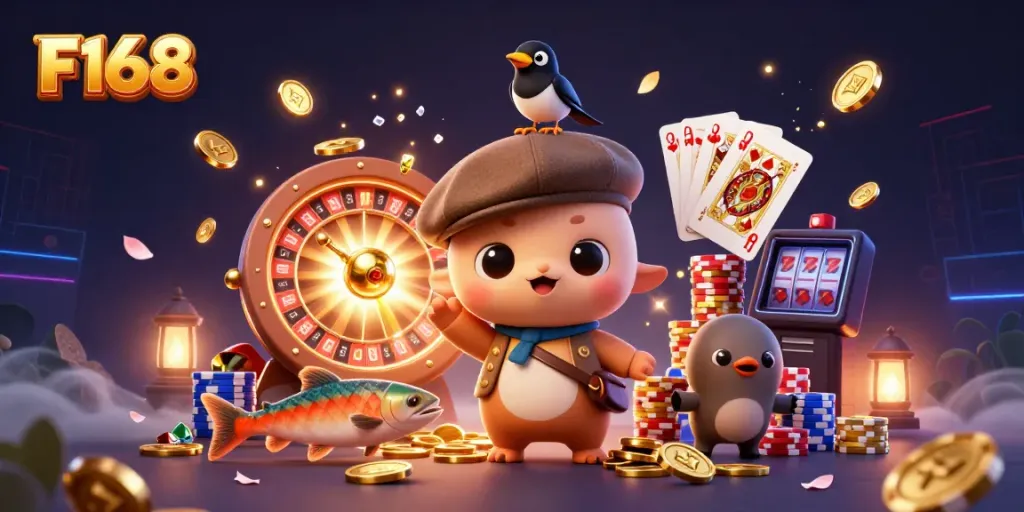 Play and win with F168 in this vibrant casino-themed illustration showcasing characters and gaming elements.