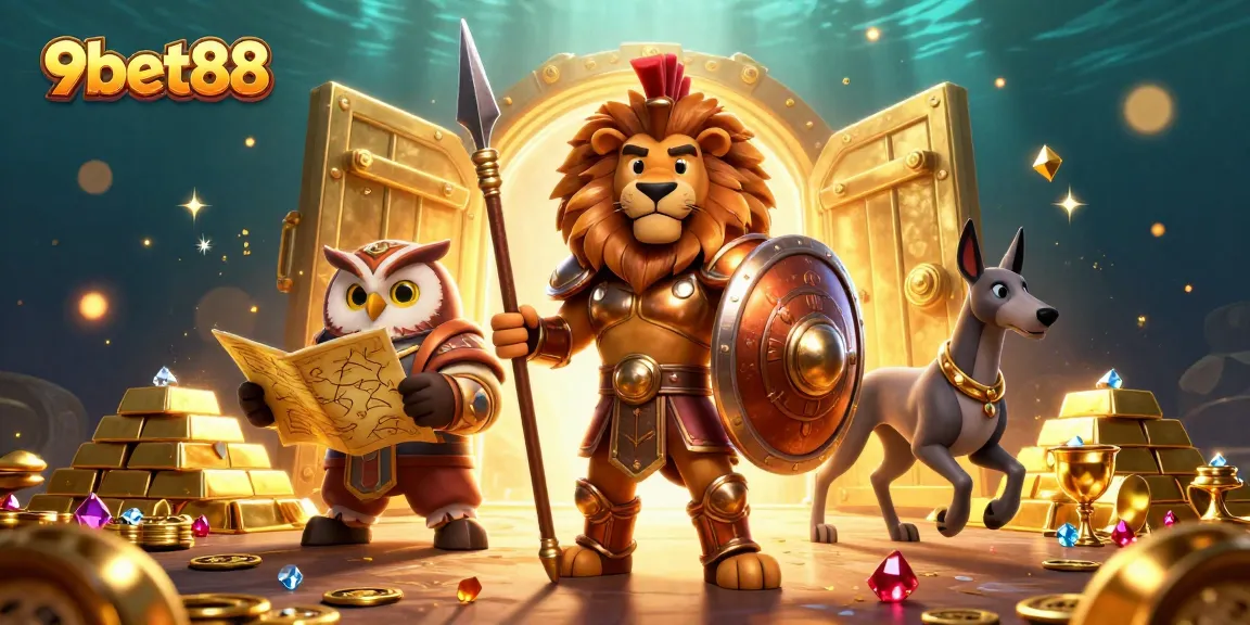 Experience the thrill of 9bet88 as a Spartan lion, owl strategist, and swift greyhound explore a treasure-filled casino realm.