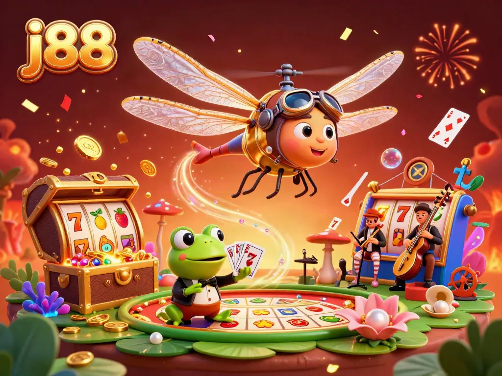 Experience thrilling casino action with j88 featuring vibrant dragonfly pilot, frog dealer, and energizing atmosphere.