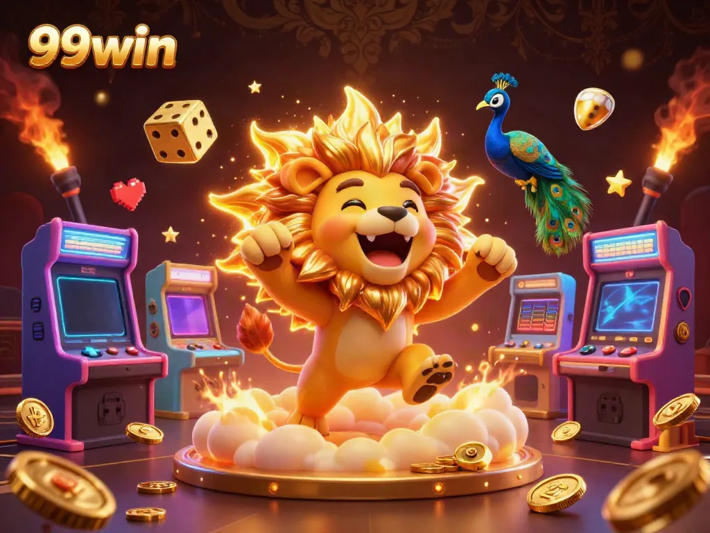 Experience thrilling gaming with 99win, featuring a lively lion and golden dice in a vibrant casino scene.