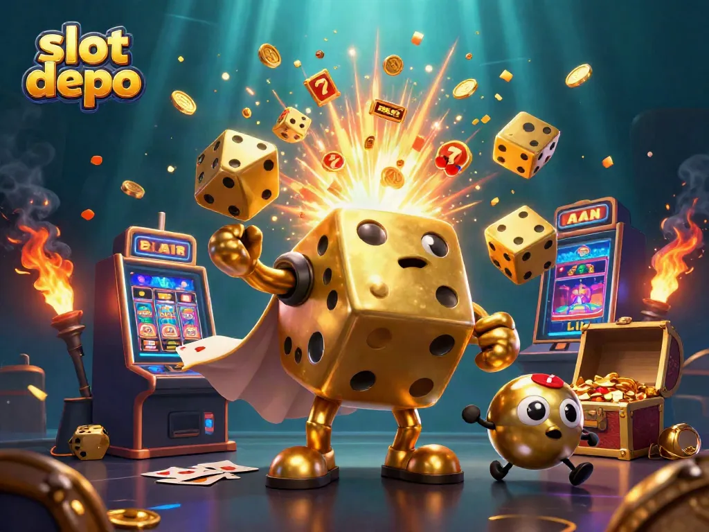 Experience thrilling slots at slot depo with vibrant 3D illustration of golden dice, jackpots, and casino games.