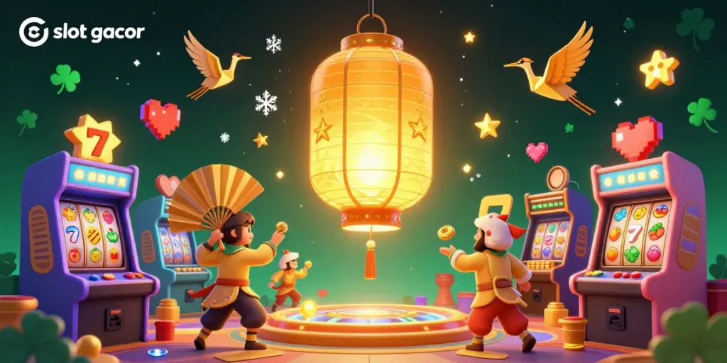 Experience the thrill of slot gacor gameplay with a magical giant lantern spirit and dynamic game elements in a vibrant casino scene.